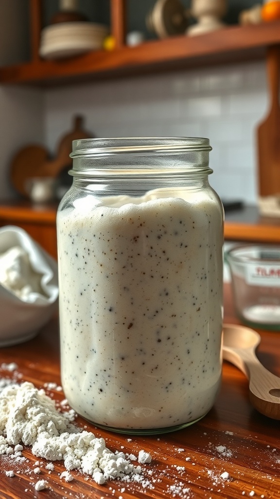 A bubbling sourdough starter in a jar on a wooden countertop with flour and kitchen utensils.